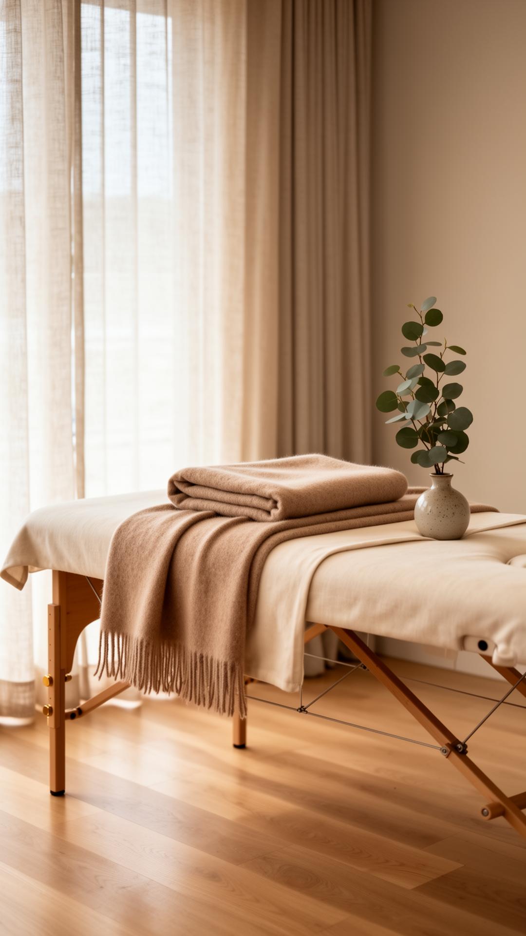 Cashmere throw resting on a private in-home massage table beside a sunlit window